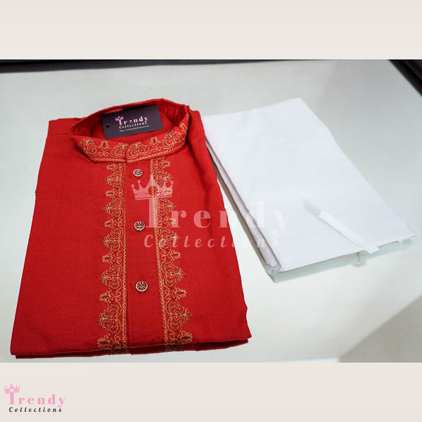 Kids - Boy's Cotton Kurta & White Pyjama/Suruwal Set - Red