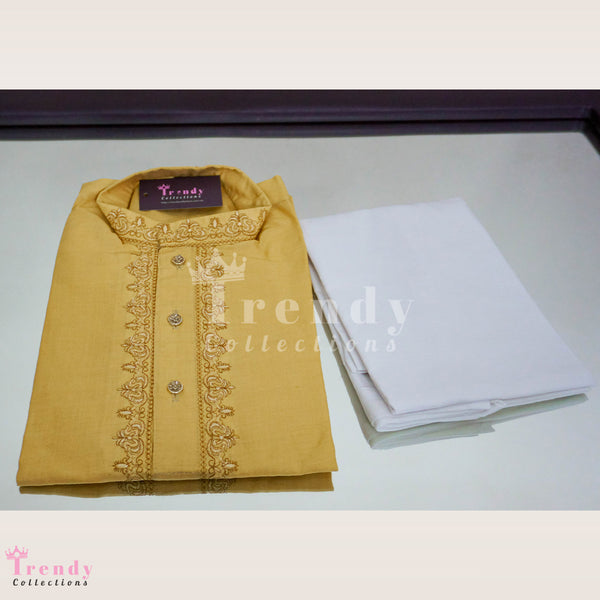 Kids - Boy's Cotton Kurta & White Pyjama/Suruwal Set - Light Yellow