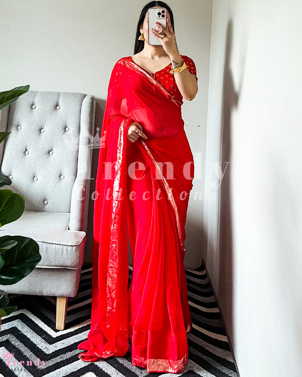 Red Saree Set with Polka Dot Blouse - Sizes 32 to 44, Pico and Falls Done