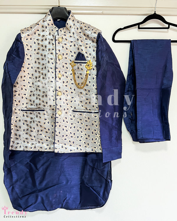 Navy Blue and Cream Men's Kurta, Pyjama with Embellished Waistcoat Set