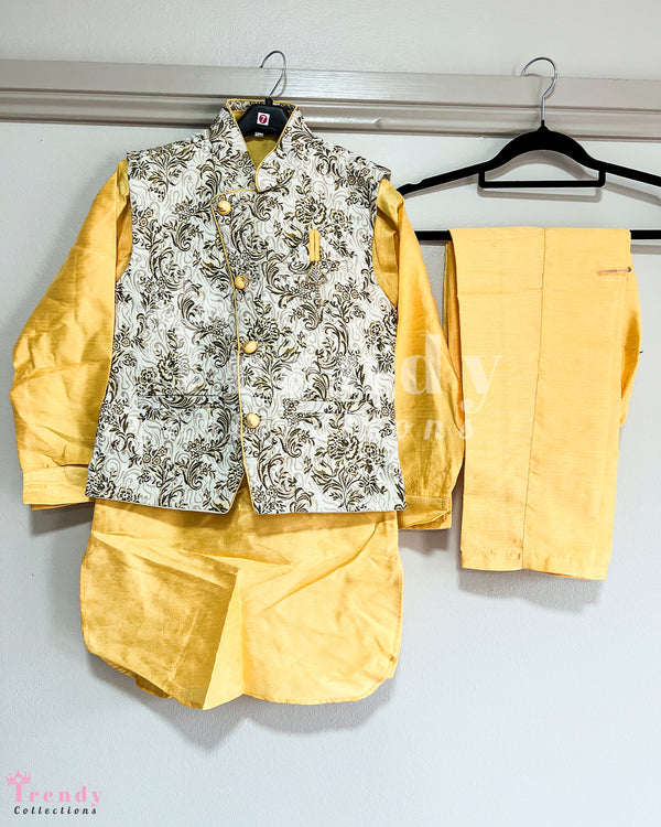 Boy's Formal Kurta, Pyjama & Waist Coat Set for Events - Yellow