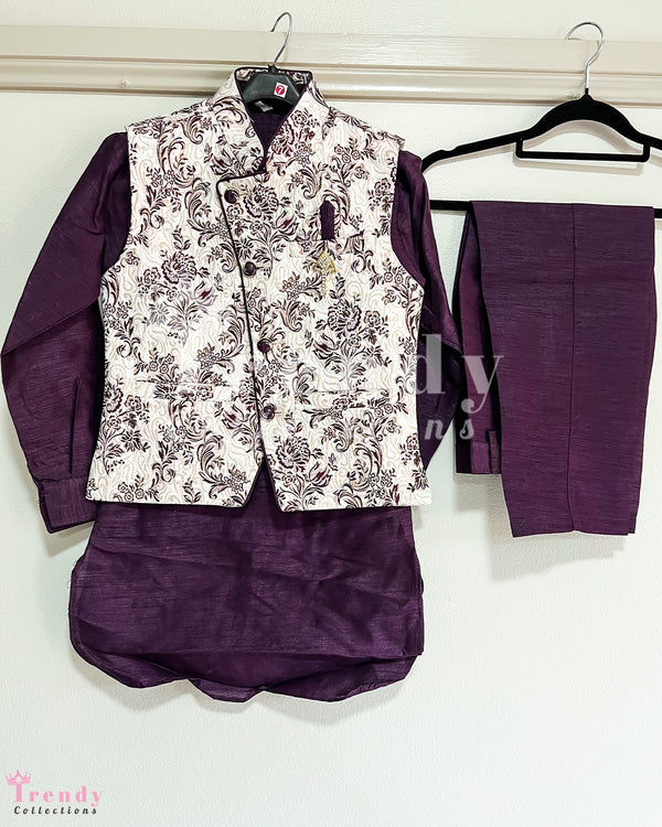 Boy's Formal Kurta, Pyjama & Waist Coat Set for Events - Dark Purple