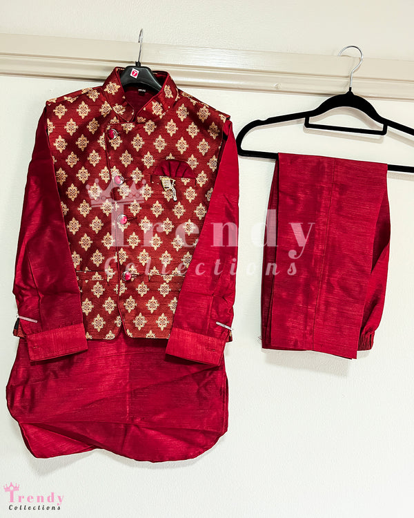 Boy's Formal Kurta, Pyjama & Waist Coat Set for Events - Dark Red