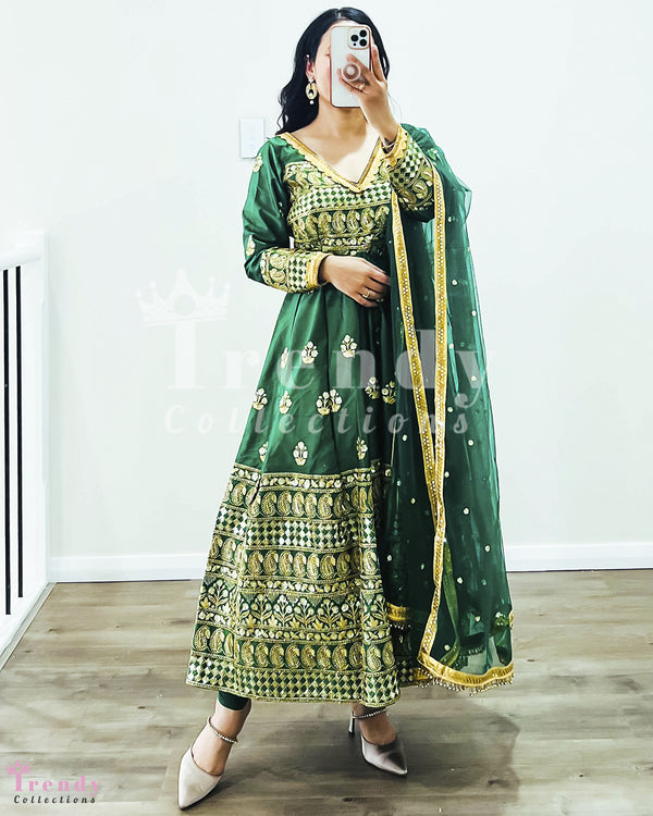 Forest Green Long Anarkali Set with Golden Zari Embroidery - Sizes 32-43