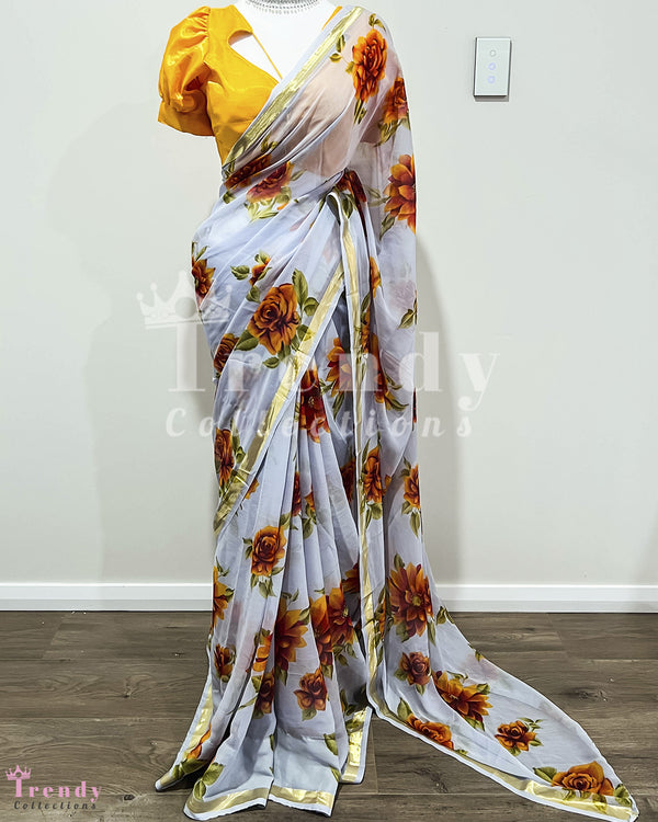 Floral Chiffon Saree with Designer Blouse - Sizes 34 to 44