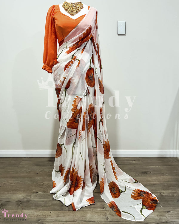 Floral Chiffon Saree with Designer Blouse - Sizes 32 to 40