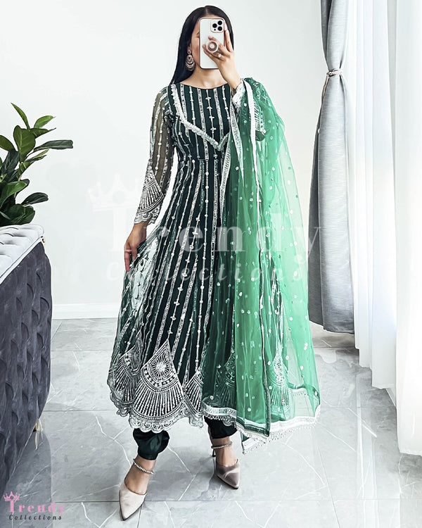 Emerald Green Net Anarkali Set with Zari and Sequin Embroidery - Sizes 32-42