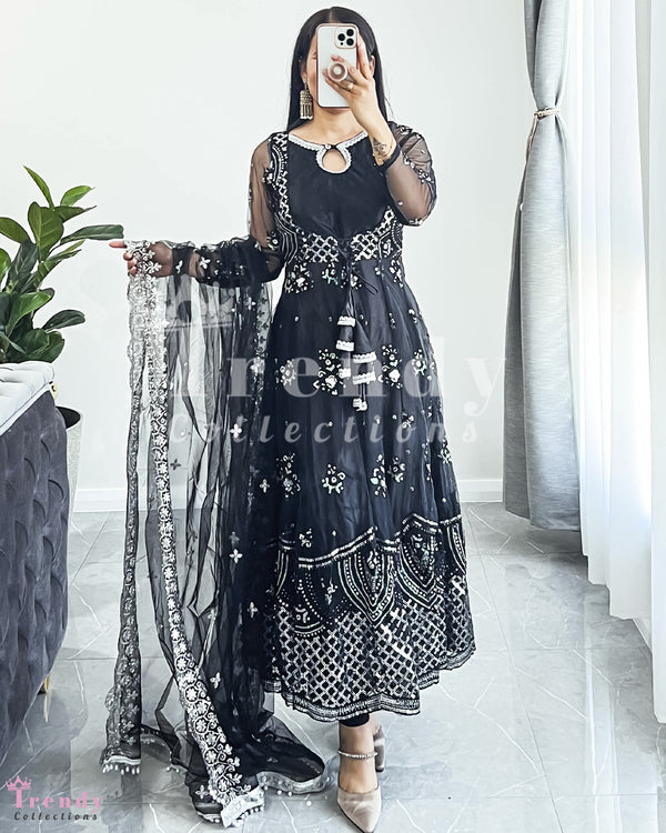 Net Anarkali Set with Thread and Sequin Embroidery - Sizes 32-40