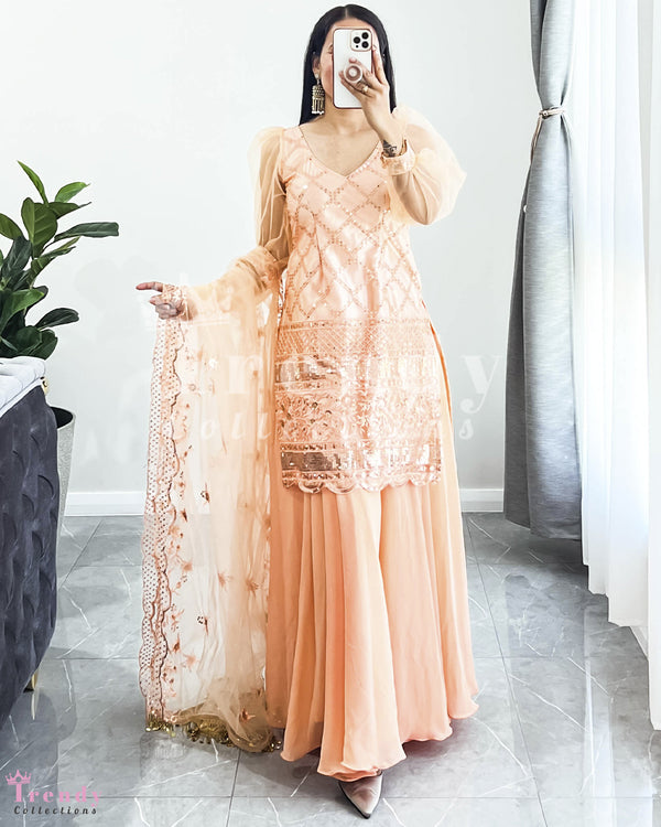 Designer Peach Sarara Set with Zari Work Sizes 32-38