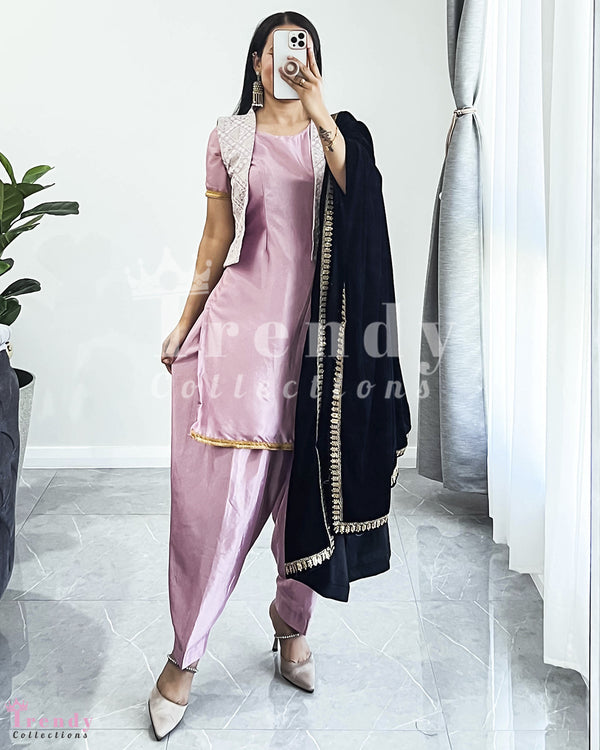 Contemporary Dusty Pink Kurti with Navy Blue Shawl (Sizes 32-38)