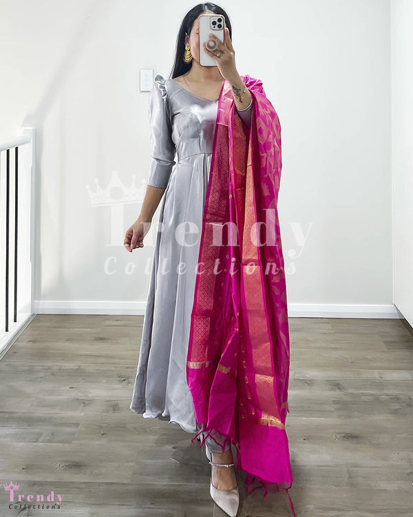 Silver Georgette Gown Set with Banarasi Shawl (Sizes 32-40)