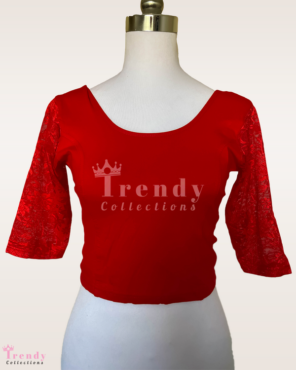 Red Stretchable Blouse with Lace Sleeves Free Size