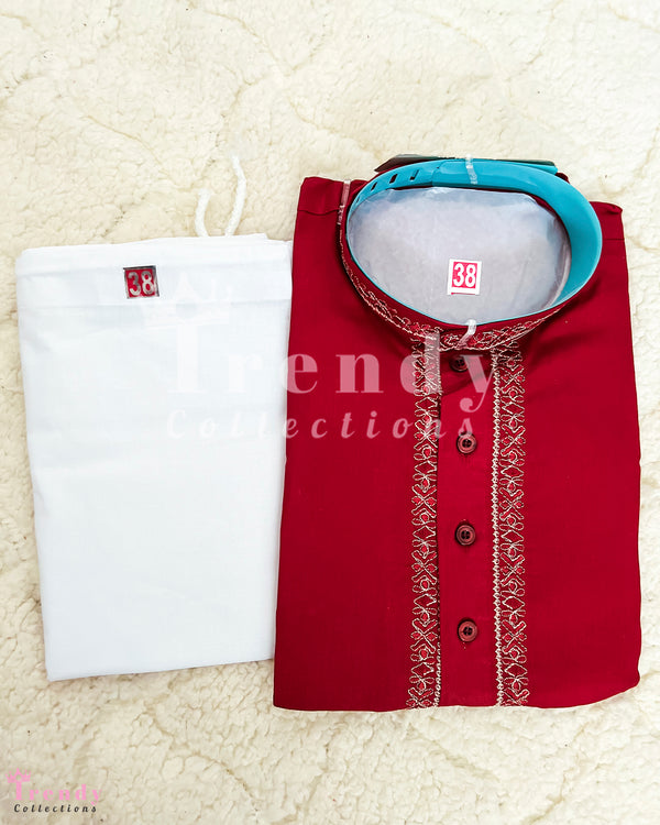 Crimson Red Men's Cotton Kurta with White Pyjama Set