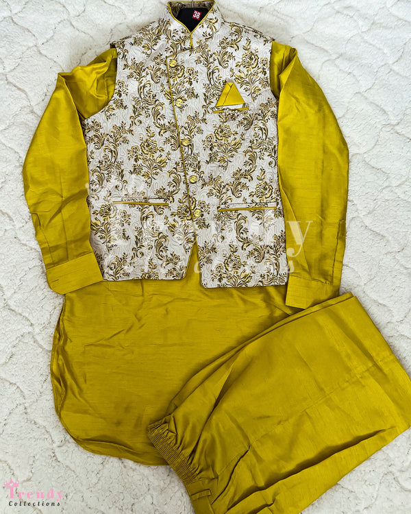 Men's Formal Kurta, Pyjama & Waist Coat Set for Events - Yellow