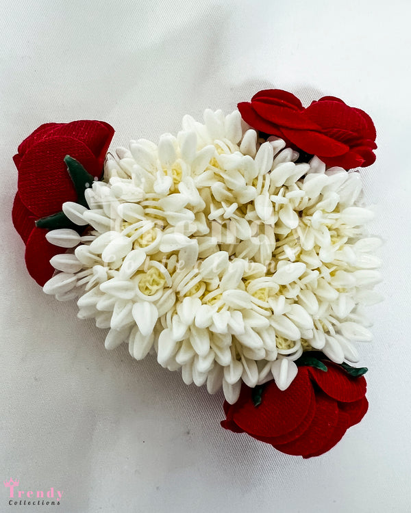 Faux Jasmine Flower Hair Gajra Clip with Red Accents - Festive Hair Accessory