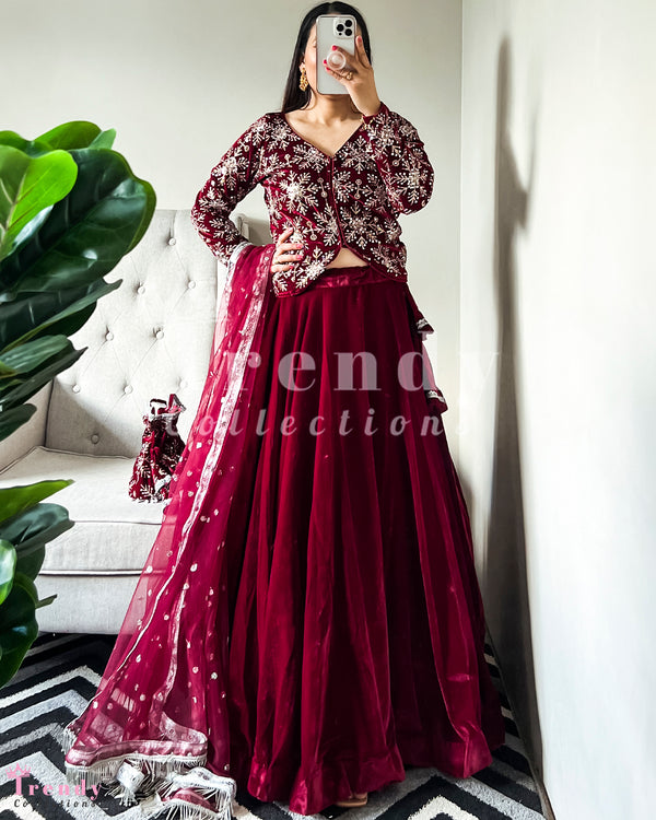 Maroon Bridal Velvet Lehenga Set with Sequin and Zari Embroidery Sizes 34-44