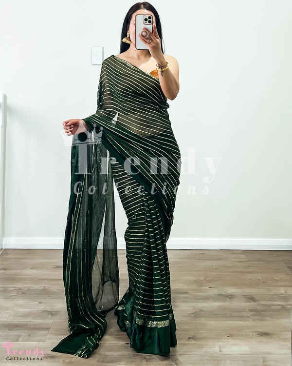Forest Green Chiffon Saree with Gold Stripe Accents and Pico Border