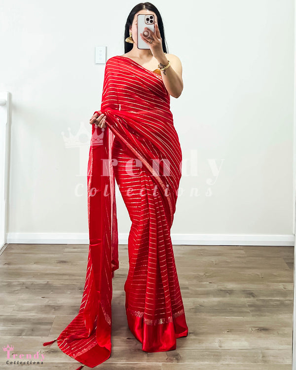 Crimson Red Chiffon Saree with Shimmer Stripes, Pico, and Falls
