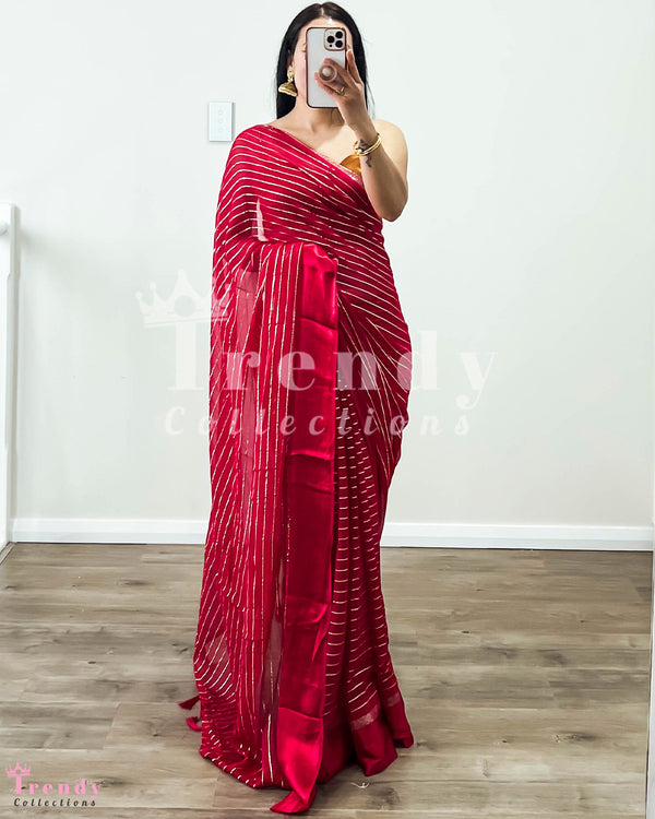 Ruby Red Chiffon Saree with Stripes | Pico Edge and Falls Done