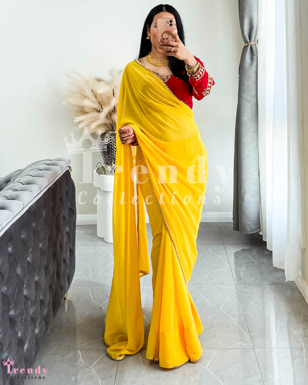 Handcrafted Velvet Blouse and Vibrant Yellow Saree Set - Sizes 32 to 44