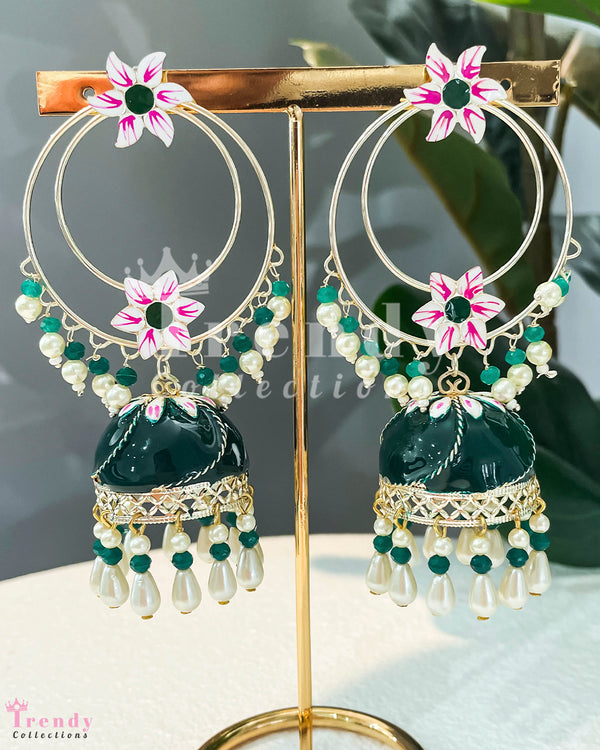 Hoop Earrings with Green Dome Jhumka and Pink Floral Accents