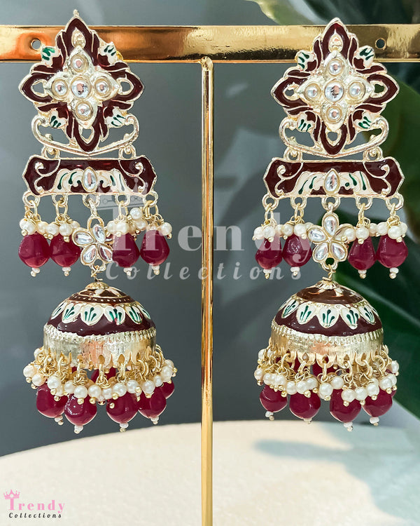 Maroon and White Enamel Jhumka Earrings with Pearl Drops