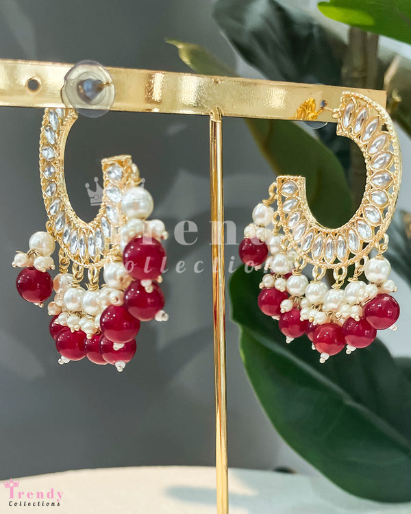 Gold Crescent Earrings with Red Beads and Pearl Embellishments