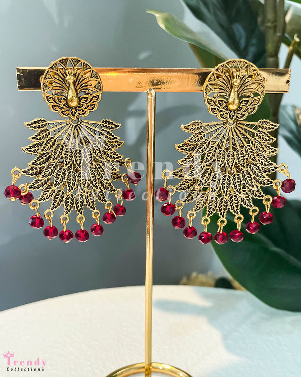 Gold Filigree Earrings with Red Bead Droplets