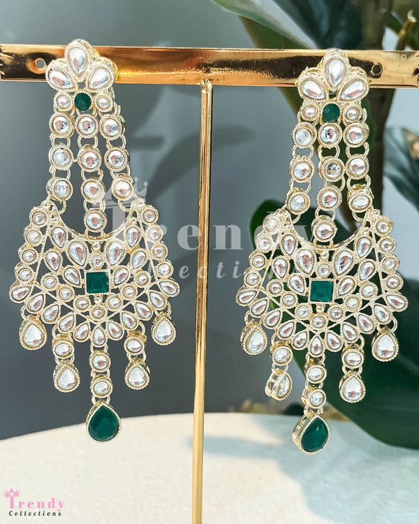 Chandelier Earrings with Kundan Stones and Green Accents
