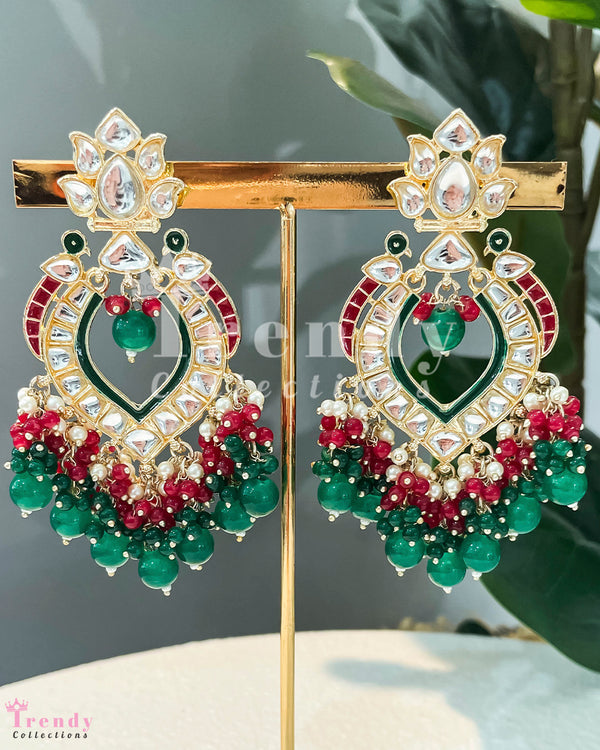 Red and Green Beaded Kundan Drop Earrings