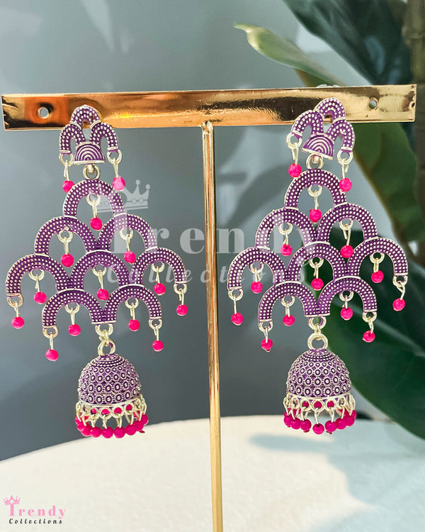 Purple Jhumka Earrings with Pink Bead Accents