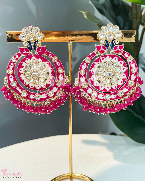 Pink Circular Kundan Earrings with Bead Fringe