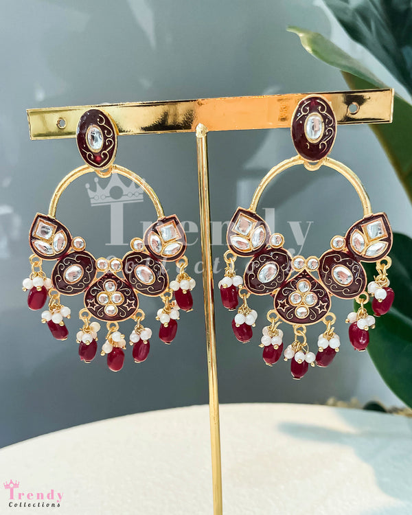 WINE COLOUR & SILVER PEARL KUNDAN EAR RINGS WITH PEARL DROPS