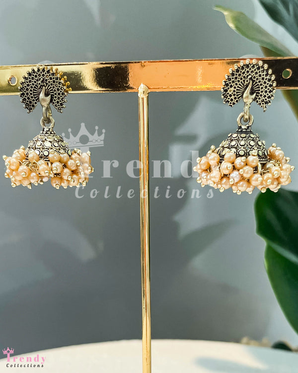 GOLDEN COLOUR PEACKOCK & DOME SHAPED KUNDAN EAR RINGS WITH PEARL DROPS
