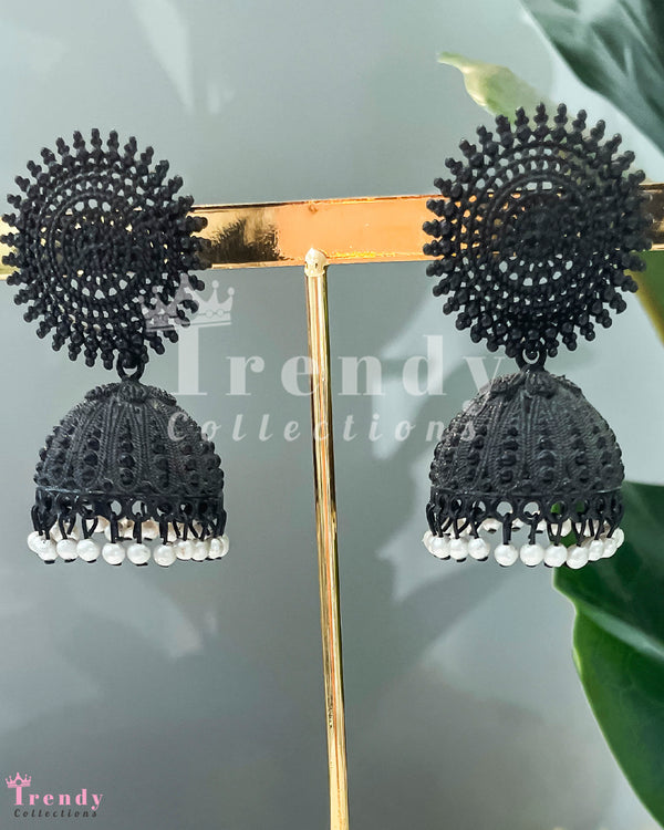Black Dome-Shaped Kundan Jhumka Drop Earrings with White Pearls