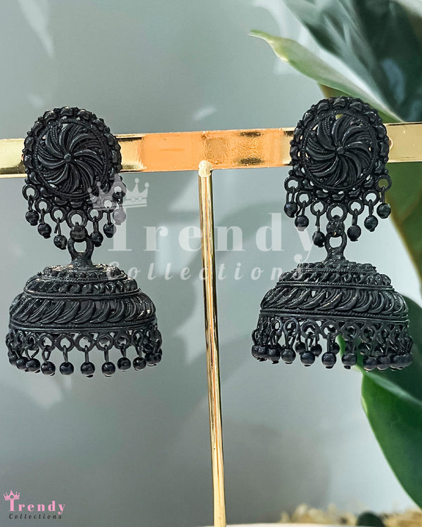 Black Dome-Shaped Kundan Jhumka Drop Earrings with Black Pearls