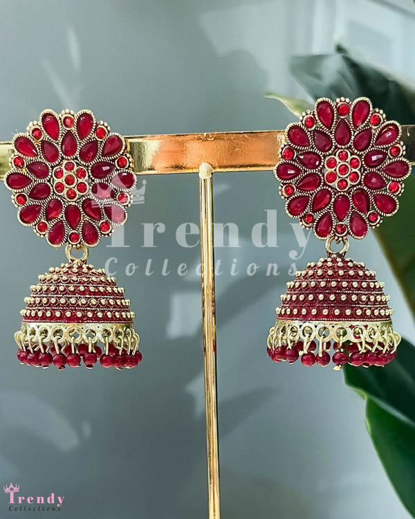 Red Floral Kundan Earrings with Layered Jhumka