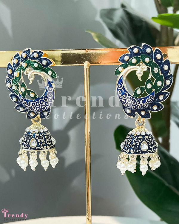 Peacock Motif Kundan Jhumka Earrings with Pearl Drops