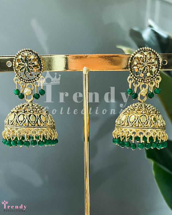 Gold Jhumka Earrings with Green Bead Detailing