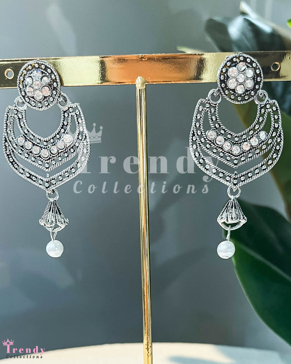 Silver Layered Chandbali Earrings with Pearl Drops