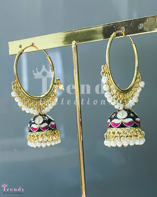 Gold Hoop Earrings with Pink and White Jhumka Drops