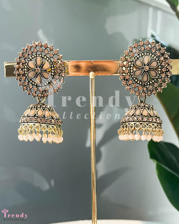 Floral Motif Kundan Jhumka Earrings with Peach Pearls
