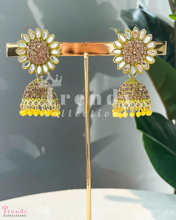 Yellow Dome-Shaped Kundan Jhumka Earrings with Drop Pearls