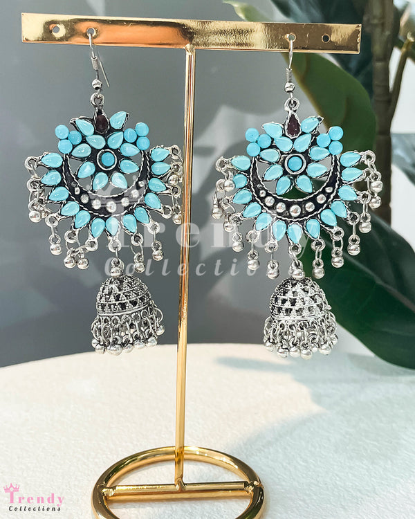 Turquoise and Silver Chandbali Earrings with Jhumka Drops