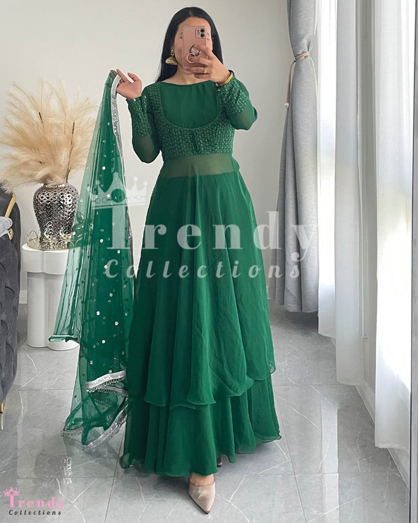 Designer Georgette Lehenga Set in Emerald Green with Sequin & Thread Work - Sizes 32 to 42