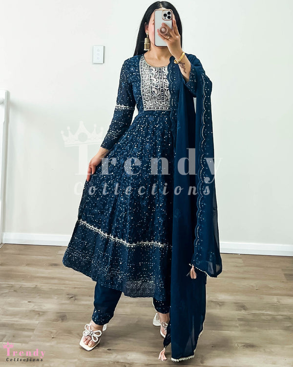 3 PIECE COTTON LONG ANARKALI SET WITH SEQUIN & THREAD WORK - NAVY BLUE (Size 38- 42available)