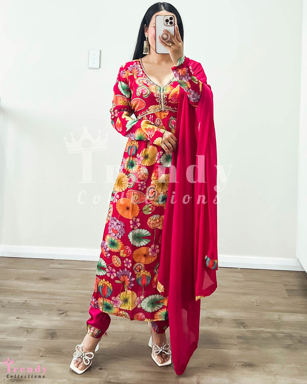 3 PIECE LONG ALIA KURTHA SET WITH FLORAL PRINT - PINK (Size 36- 40available)