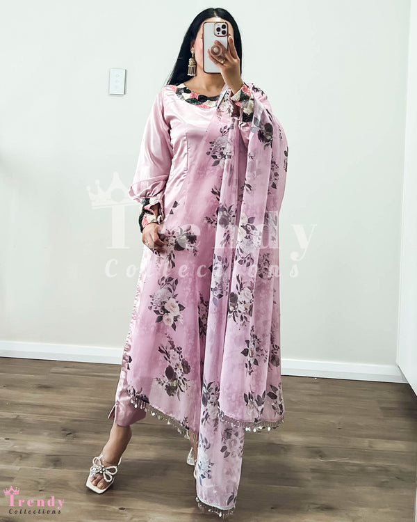Designer Floral Silk Kurtha Set, Sizes 32-40