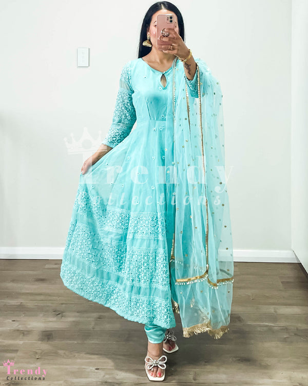 Sky Blue Georgette Anarkali Set with Thread Embroidery - Sizes 32 to 42