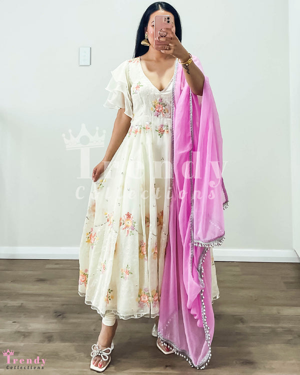 Floral Thread Embroidered Georgette Anarkali Set with Pink Shawl - Sizes 32-38